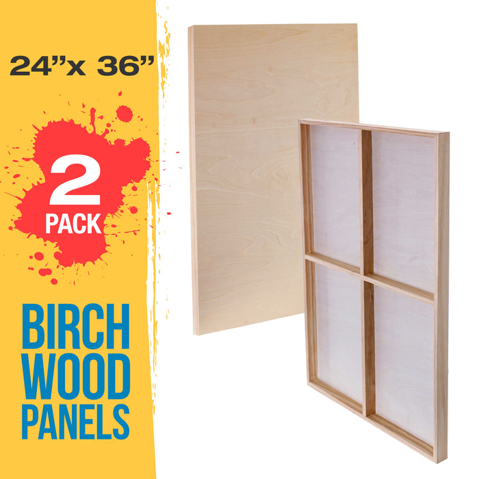 24" x 36" Birch Wood Paint Pouring Panel Boards, Gallery 1-1/2" Deep Cradle (2 Pack) - Artist Depth Wooden Wall Canvases - Painting, Acrylic, Oil