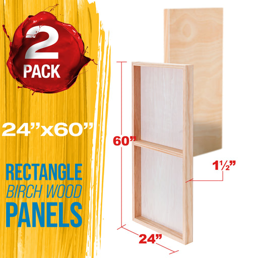 Unfinished Cradled Wood Panels for Painting, 2 Pack of 24x60 inch - Gallery Birch Wooden Canvas Boards 1-1/2" Deep - Mixed-Media Craft, Acrylic, Oil, Encaustic, Paint Pouring