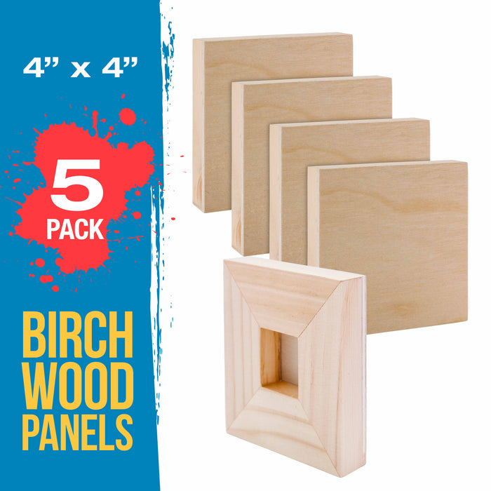4" x 4" Birch Wood Paint Pouring Panel Boards, Studio 3/4" Deep Cradle (Pack of 5) - Artist Wooden Wall Canvases - Painting Mixed-Media, Acrylic, Oil
