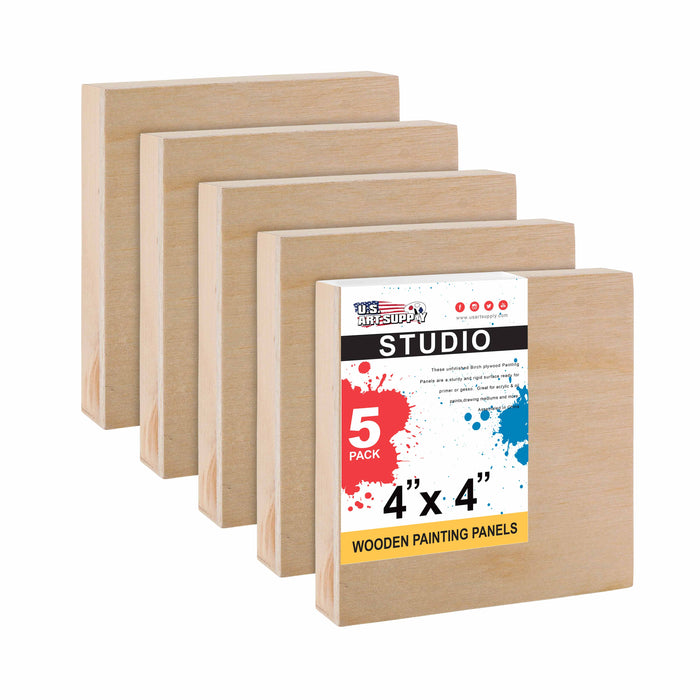 4" x 4" Birch Wood Paint Pouring Panel Boards, Studio 3/4" Deep Cradle (Pack of 5) - Artist Wooden Wall Canvases - Painting Mixed-Media, Acrylic, Oil