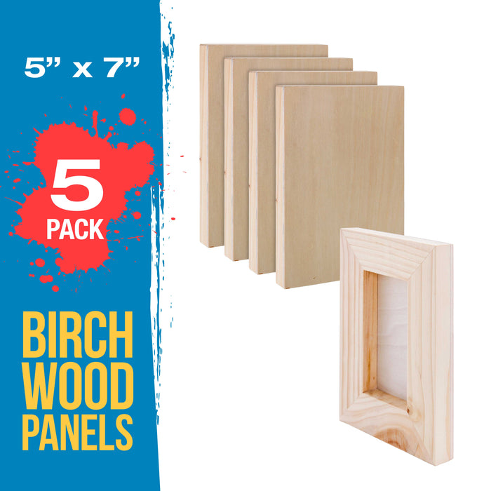 5" x 7" Birch Wood Paint Pouring Panel Boards, Studio 3/4" Deep Cradle (Pack of 5) - Artist Wooden Wall Canvases - Painting Mixed-Media, Acrylic, Oil