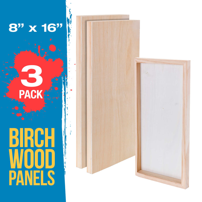 8" x 16" Birch Wood Paint Pouring Panel Boards, Studio 3/4" Deep Cradle (Pack of 3) - Artist Wooden Wall Canvases - Painting, Acrylic, Oil