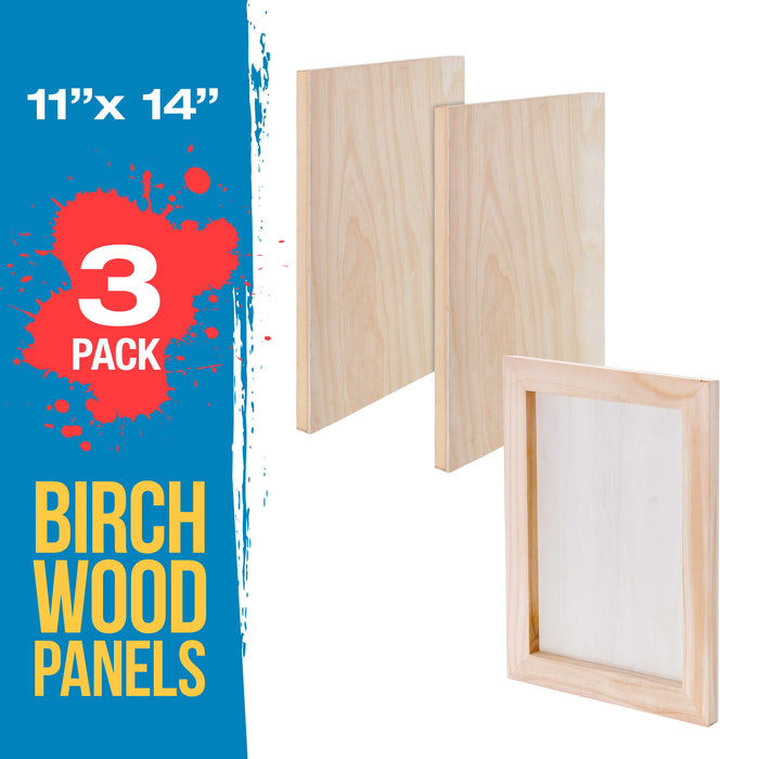 Unfinished Cradled Wood Panels for Painting, 3 Pack of 11x14 inch - Studio Birch Wooden Canvas Boards 3/4" Deep - Mixed-Media Craft, Acrylic, Oil, Encaustic, Paint Pouring Panel Board