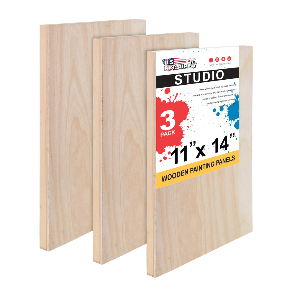 11" x 14" Birch Wood Paint Pouring Panel Boards, Studio 3/4" Deep Cradle (Pack of 3) - Artist Wooden Wall Canvases - Painting Mixed-Media, Acrylic