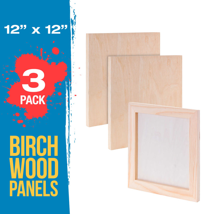 Unfinished Cradled Wood Panels for Painting, 3 Pack of 12x12 inch - Studio Birch Wooden Canvas Boards 3/4" Deep - Mixed-Media Craft, Acrylic, Oil, Encaustic, Paint Pouring Panel Board