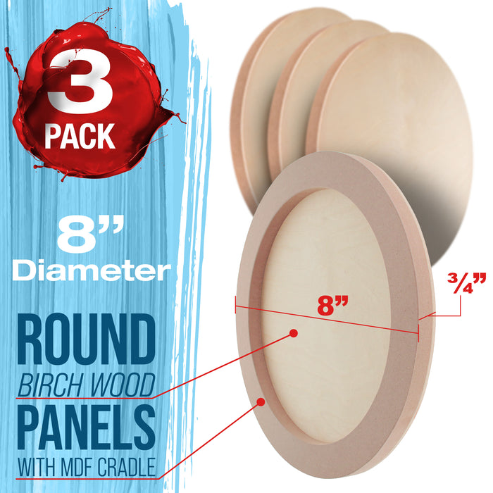 8" Round Unfinished Cradled Wood Panels for Painting, Studio 3/4" Deep (3 Pack) - Artist Depth Wooden Wall Canvases - Mixed-Media Craft, Acrylic, Oil, Encaustic, Paint Pouring