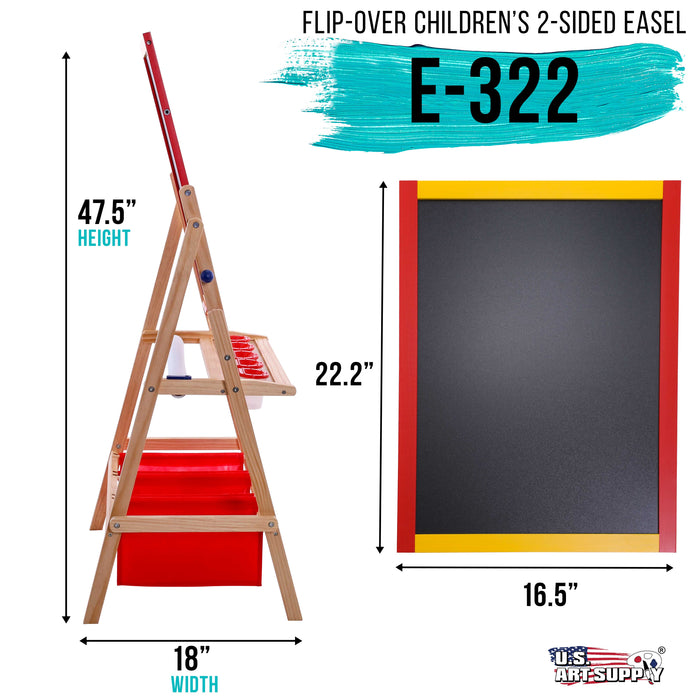 Flip-Over Children's Double-Sided Paint & Drawing Art Easel Board with Chalkboard, Dry Erase Board, Paper Roll, 3 Storage Bins, 5 No-Spill Cups, Chalk