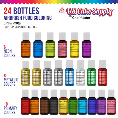 U.S. Cake Supply Complete Cake Airbrush Decorating Kit with 24 Vibrant Food Colors - Air Brush for Cake Decoration, Cupcakes, Cookies & Desserts