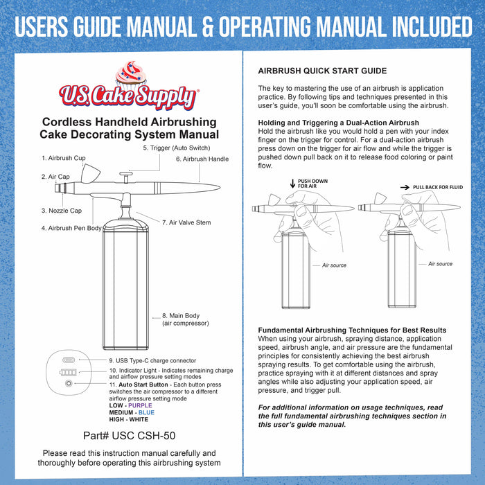 U.S. Cake Supply - Cordless Handheld Airbrushing System Kit - 15 to 30 PSI, Rechargeable Professional Airbrush Artist Set, How to Guide - Hobby, Craft