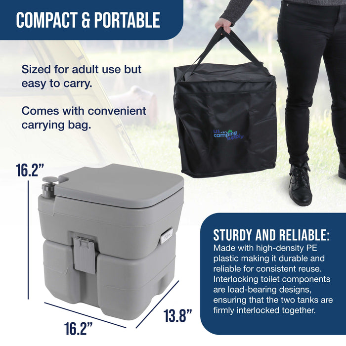 Portable Toilet with Carry Bag, 5.3 Gallon Waste Tank - Compact Indoor Outdoor Dual Outlet Commode - Travel, Camping, RV, Boating, Fishing - Traveling Bathroom, Water Flush Pump