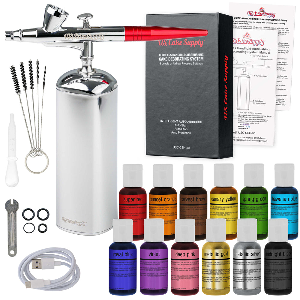 Bakery Airbrush Cake Kit with 3 Airbrushes, Compressor, 2 Air Hoses & 12  Color Chefmaster Food Coloring Set.7 fl Ounce