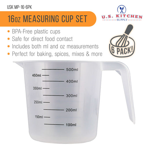 U.S. Kitchen Supply® - 16 oz (500 ml) Plastic Graduated Measuring Cups with Pitcher Handles (Pack of 6), 2 Cup Capacity, Ounce ML Markings Measure Mix