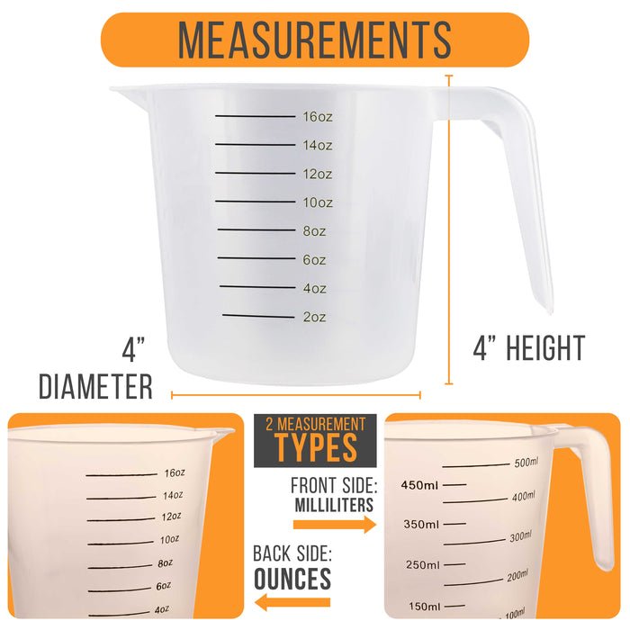 U.S. Kitchen Supply® - 16 oz (500 ml) Plastic Graduated Measuring Cups with Pitcher Handles (Pack of 6), 2 Cup Capacity, Ounce ML Markings Measure Mix