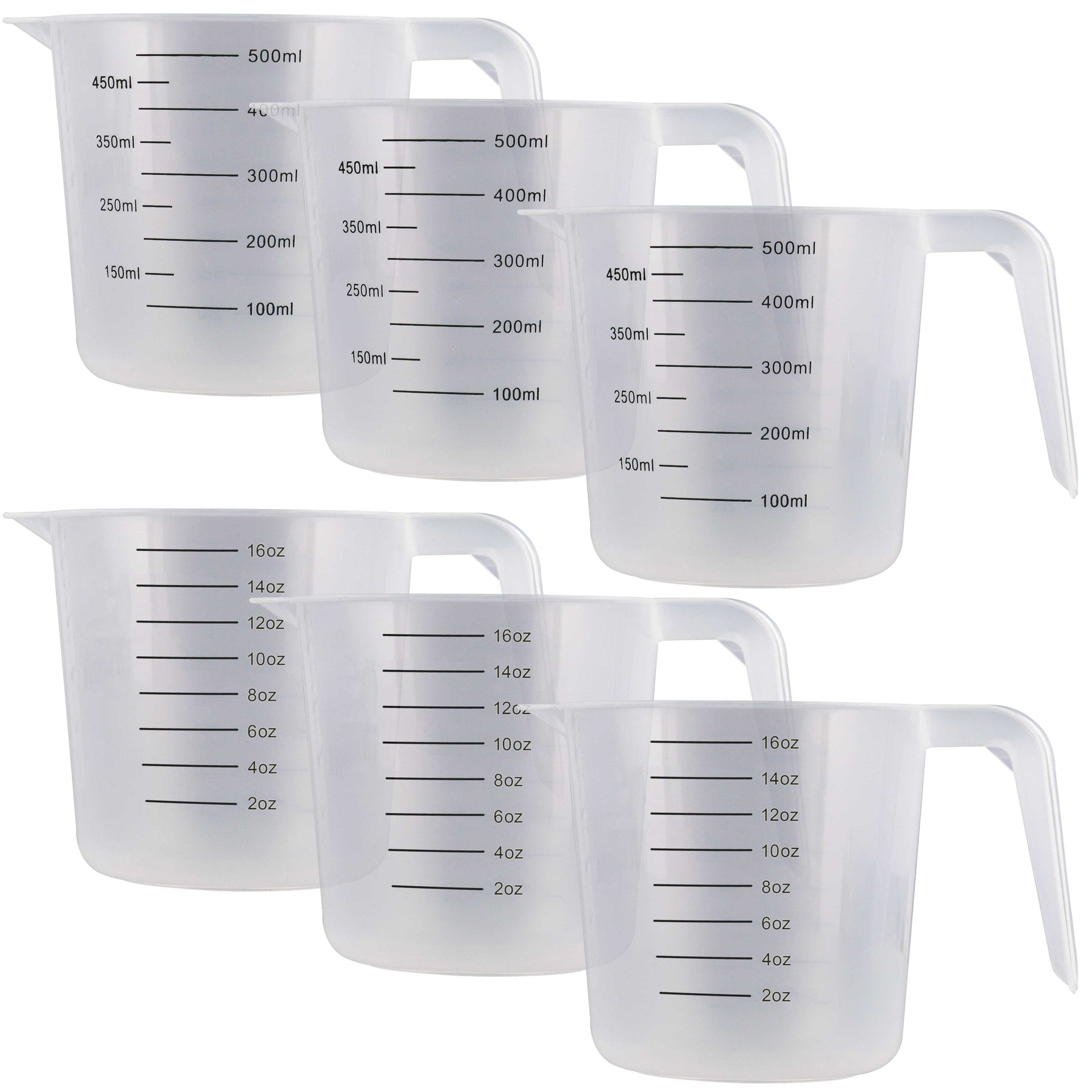 U.S. Kitchen Supply - 16 oz (500 ml) Plastic Graduated Measuring Cups with Pitcher Handles (Pack of 6), 2 Cup Capacity, Ounce ml Markings Measure Mix