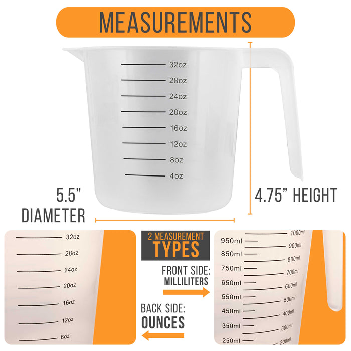 U.S. Kitchen Supply 6 Pack Plastic Measuring Cups with Handles - 32 oz Liquid Measuring Cup, Clear Microwave Safe Kitchen Cups - Measure in mL or Ounces, Measurement Cup for Cooking