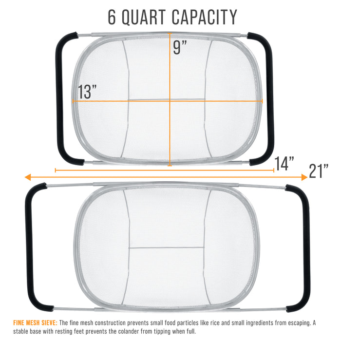 U.S. Kitchen Supply Stainless Steel Colander Strainer - 6-Quart Collapsible Colander with Expandable Rubber Handles - Rectangular Sieve, Fine Mesh Stainless Steel Strainers and Colanders for Kitchen