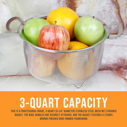 U.S. Kitchen Supply Stainless Steel Colander Strainer Basket - 3-Quart Colander with Resting Feet & Handles - Wide Rim Sieve, Stainless Steel Strainers and Colanders for Kitchen