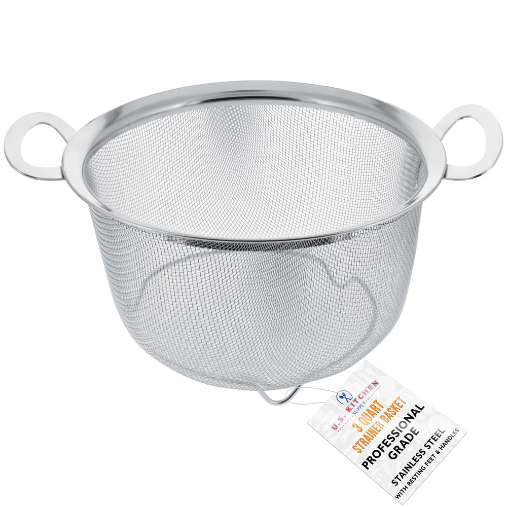 U.S. Kitchen Supply® 3 Quart Stainless Steel Mesh Net Strainer Basket - Wide Rim, Resting Feet & Handles - Colander to Strain, Rinse, Fry, Steam or Cook Vegetables & Pasta