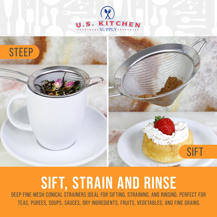 U.S. Kitchen Supply Set of 3 Stainless Steel Conical Strainers - 3", 4" & 5.5" Sizes - Chinois Style, Extra Fine Twill Mesh Sieve, Stainless Steel Strainers and Colanders for Kitchen