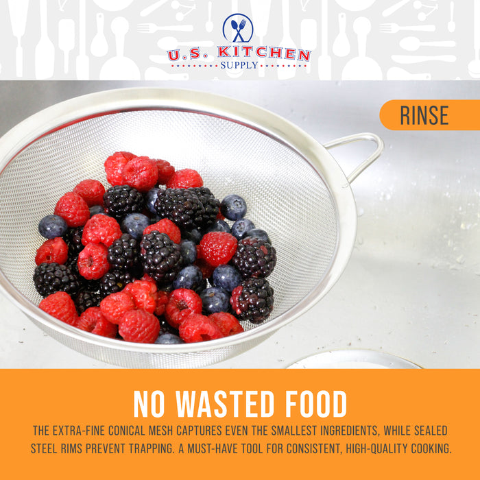 U.S. Kitchen Supply Set of 3 Stainless Steel Conical Strainers - 3", 4" & 5.5" Sizes - Chinois Style, Extra Fine Twill Mesh Sieve, Stainless Steel Strainers and Colanders for Kitchen