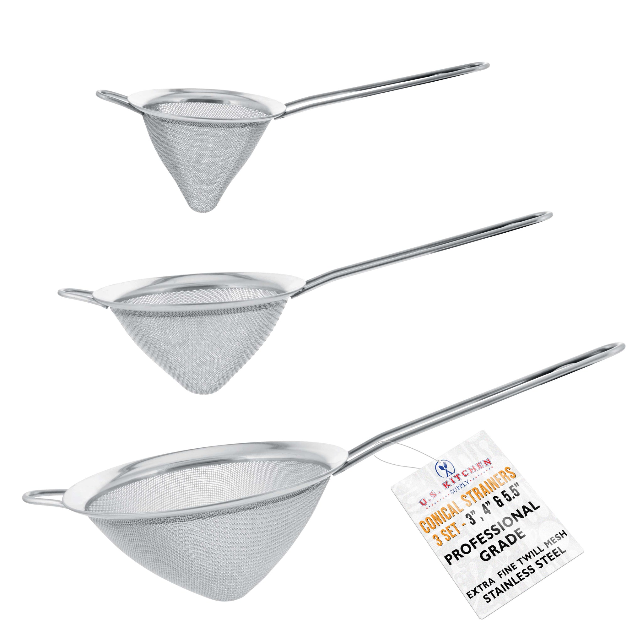 U.S. Kitchen Supply® - Set of 3 Premium Quality Extra Fine Twill Mesh Stainless Steel Conical Strainers - 3