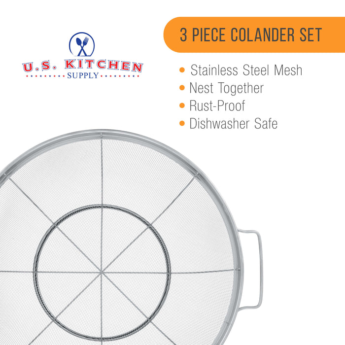 U.S. Kitchen Supply Set of 3 Stainless Steel Colander Strainers Net Baskets 5, 4, & 3-Quart - Colander with Handles & Resting Base - Stainless Steel Sieve, Mesh Strainers and Colanders for Kitchen