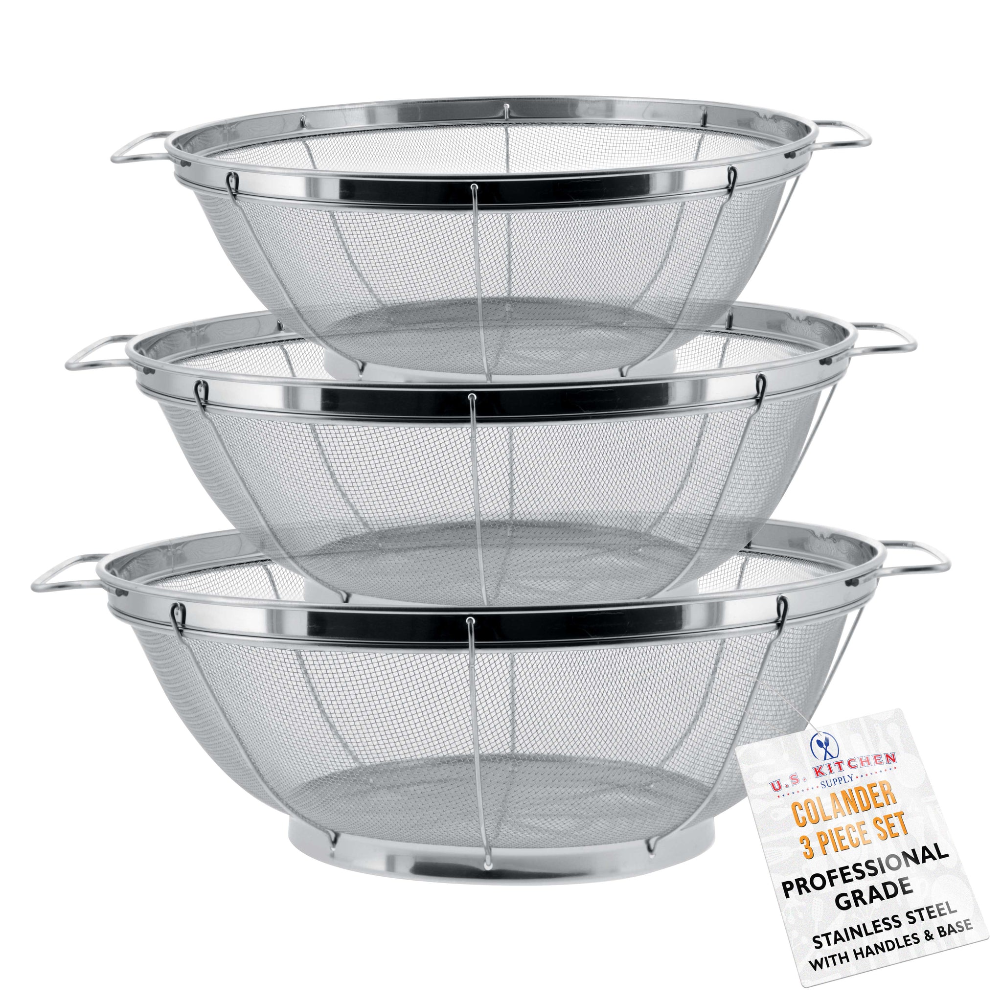 U.S. Kitchen Supply® - 3 Piece Colander Set, Stainless Steel Mesh Strainer Net Baskets, Handles & Resting Base, 11