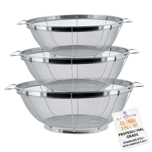 U.S. Kitchen Supply Set of 3 Stainless Steel Colander Strainers Net Baskets 5, 4, & 3-Quart - Colander with Handles & Resting Base - Stainless Steel Sieve, Mesh Strainers and Colanders for Kitchen