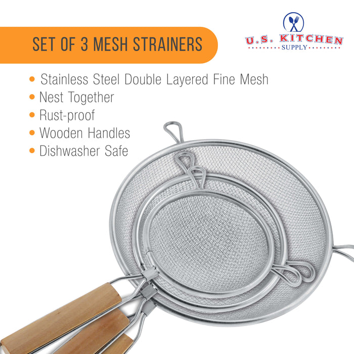 U.S. Kitchen Supply® - Set of 3 Premium Quality Fine Double Mesh Stainless Steel Strainers with Wooden Handles - 4.5", 5.5" and 8" Sizes