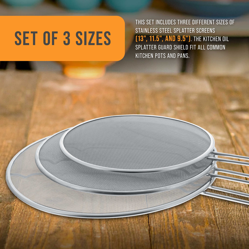 U.S. Kitchen Supply Set of 3 Stainless Steel Splatter Screen - 13", 11.5" & 9.5" Sizes - Fine Mesh Splatter Screen with Resting Feet Set, Grease Guard for Kitchen Pots and Pans