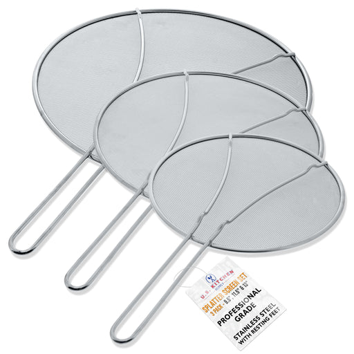 U.S. Kitchen Supply® 13", 11.5", 9.5" Stainless Steel Fine Mesh Splatter Screen with Resting Feet Set - For Boiling Pots, Frying Pans - Grease Oil Guard, Safe Cooking Lid