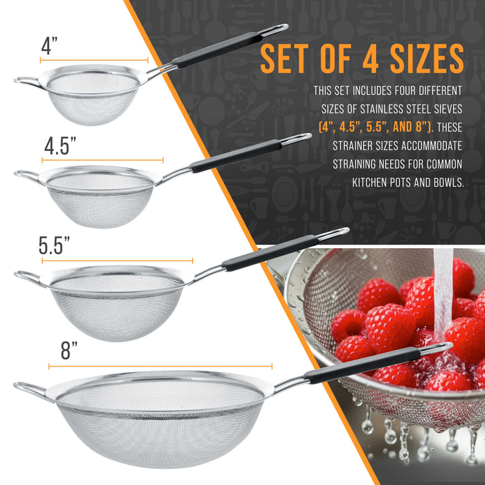 U.S. Kitchen Supply Set of 4 Stainless Steel Strainers - 4", 4.5", 5.5" & 8" Sizes - Comfortable Non Slip Heat Resistant Grip Handles - Fine Mesh Stainless Steel Sieve for Kitchen