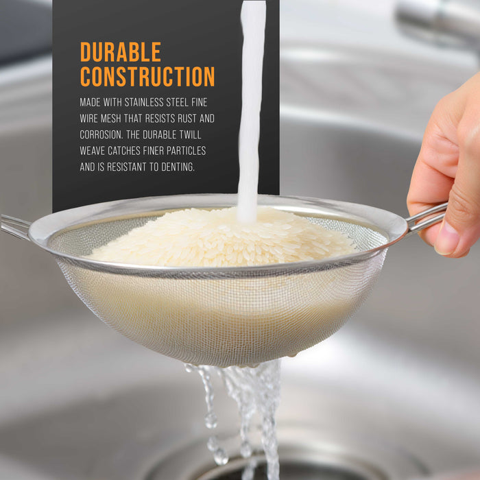 U.S. Kitchen Supply Set of 4 Stainless Steel Strainers - 4", 4.5", 5.5" & 8" Sizes - Comfortable Non Slip Heat Resistant Grip Handles - Fine Mesh Stainless Steel Sieve for Kitchen