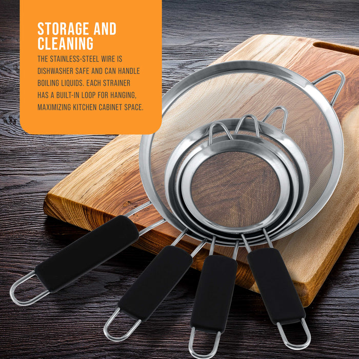 U.S. Kitchen Supply Set of 4 Stainless Steel Strainers - 4", 4.5", 5.5" & 8" Sizes - Comfortable Non Slip Heat Resistant Grip Handles - Fine Mesh Stainless Steel Sieve for Kitchen