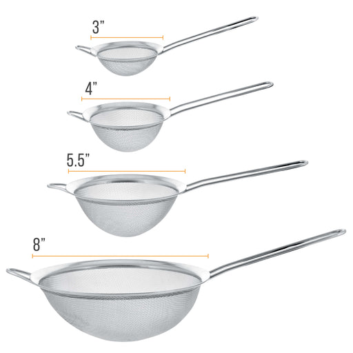 U.S. Kitchen Supply® - Set of 4 Premium Quality Fine Mesh Stainless Steel Strainers - 3", 4", 5.5" and 8" Sizes