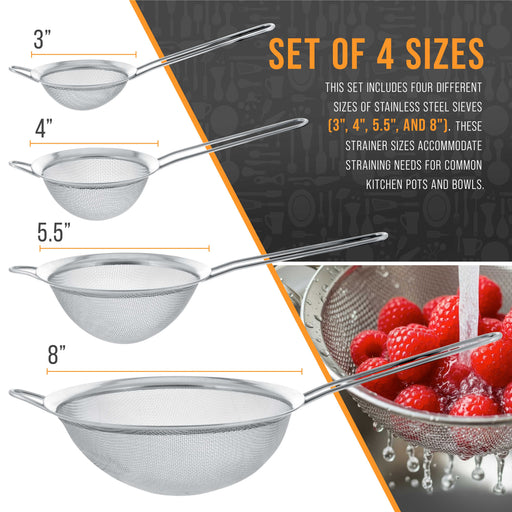 U.S. Kitchen Supply Set of 4 Stainless Steel Strainers - 4", 4.5", 5.5" & 8" Sizes - Fine Mesh Stainless Steel Sieve for Kitchen Food Products