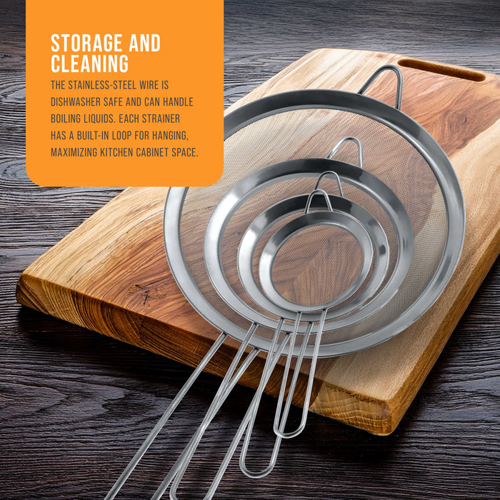U.S. Kitchen Supply Set of 4 Stainless Steel Strainers - 4", 4.5", 5.5" & 8" Sizes - Fine Mesh Stainless Steel Sieve for Kitchen Food Products