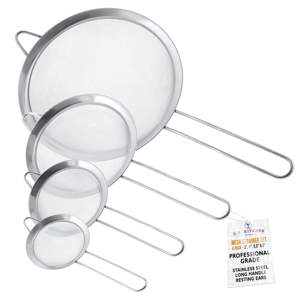 U.S. Kitchen Supply Set of 4 Stainless Steel Strainers - 4", 4.5", 5.5" & 8" Sizes - Fine Mesh Stainless Steel Sieve for Kitchen Food Products