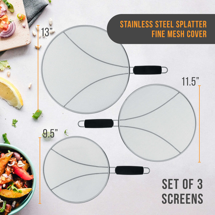 3-Piece Stainless Steel Splatter Guard Set (13", 11.5", 9.5") Fine Mesh Cover, Grease & Oil, Splatter Screen for Frying Pan, Cooking Pots, with Resting Feet & Comfort Grip Handles