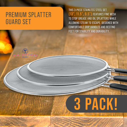 3-Piece Stainless Steel Splatter Guard Set (13", 11.5", 9.5") Fine Mesh Cover, Grease & Oil, Splatter Screen for Frying Pan, Cooking Pots, with Resting Feet & Comfort Grip Handles