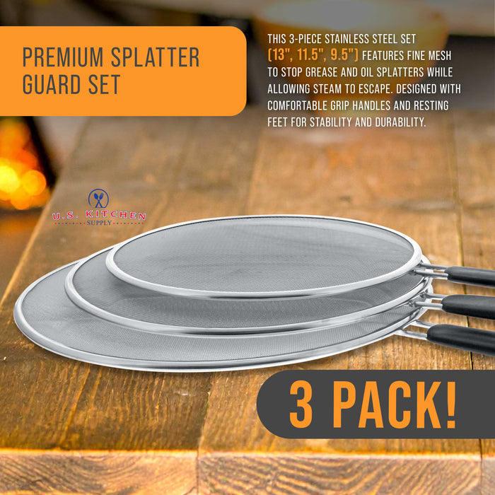 3-Piece Stainless Steel Splatter Guard Set (13", 11.5", 9.5") Fine Mesh Cover, Grease & Oil, Splatter Screen for Frying Pan, Cooking Pots, with Resting Feet & Comfort Grip Handles