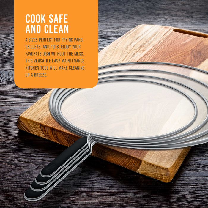 U.S. Kitchen Supply 4-Piece Stainless Steel Splatter Guard Set (13", 11.5", 10",8”) Fine Mesh Cover, Grease & Oil, Splatter Screen for Frying Pan, Cooking Pots, with Comfort Grip Handles