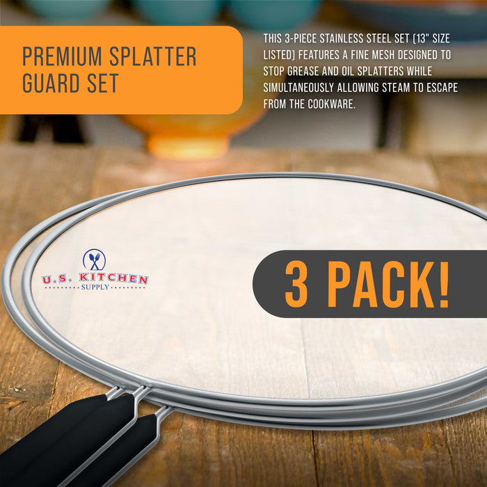 U.S. Kitchen Supply 3-Piece Stainless Steel Splatter Guard Set 13" Fine Mesh Cover, Grease & Oil, Splatter Screen for Frying Pan, Cooking Pots, with Comfort Grip Handles