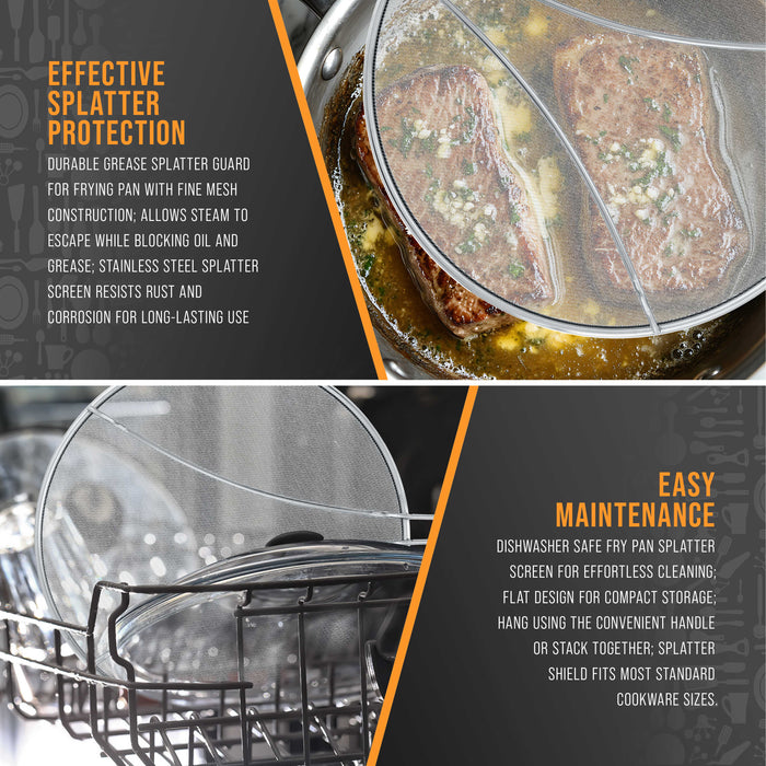 Stainless Steel Splatter Guard 13" Fine Mesh Cover, Grease & Oil, Splatter Screen for Frying Pan, Cooking Pots, with Resting Feet