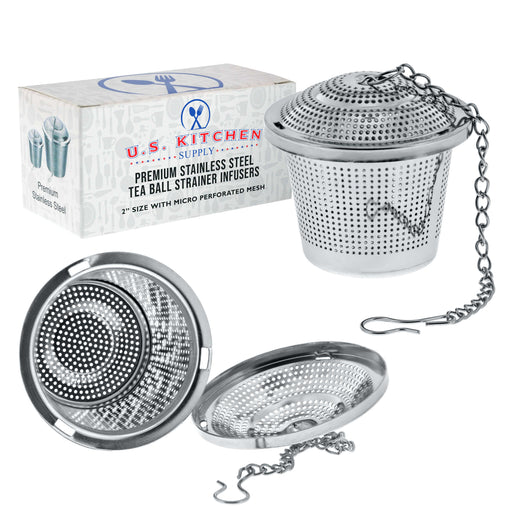 U.S. Kitchen Supply® - 2 Premium Stainless Steel Tea Ball Strainer Infusers - 2" Size with Micro Perforated Mesh - Steep Loose Leaf Tea, Herbal, Spices