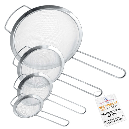 U.S. Kitchen Supply® - Set of 4 Premium Quality Fine Mesh Stainless Steel Strainers with Wide Resting Ear Design - 3", 4", 5.5" and 8" Sizes