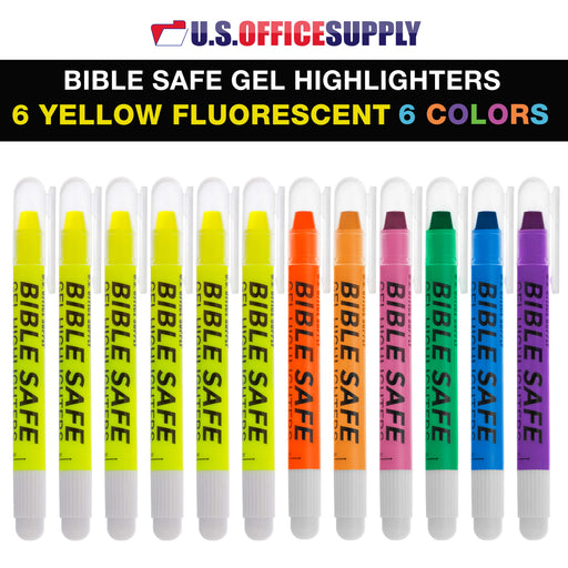 U.S. Office Supply Bible Safe Gel Highlighters, Pack of 12 - 6 Bright Neon Yellow Highlight Colors Plus 6 Colors - Won't Bleed, Fade or Smear - Study