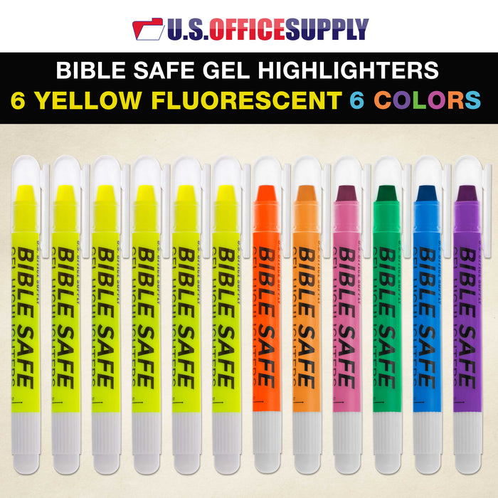 U.S. Office Supply Bible Safe Gel Highlighters, Pack of 12 - 6 Bright Neon Yellow Highlight Colors Plus 6 Colors - Won't Bleed, Fade or Smear - Study