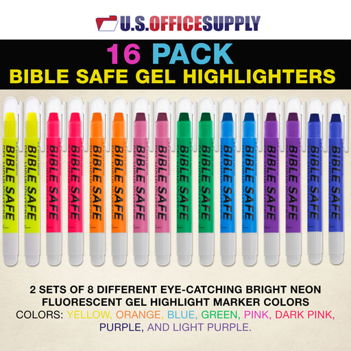 Bible Safe Gel Highlighters, Pack of 16 - 2 Sets of 8 Bright Neon Fluorescent Highlight Colors Yellow, Orange, Pink, Blue - Won't Bleed, Fade or Smear