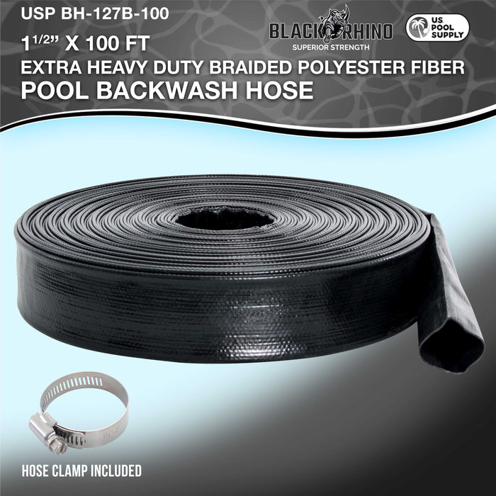 U.S. Pool Supply® Black Rhino 1-1/2" x 100' Pool Backwash Hose with Hose Clamp - Extra Heavy Duty Superior Strength, Thick 1.2mm (47mils) - Weather Burst Resistant